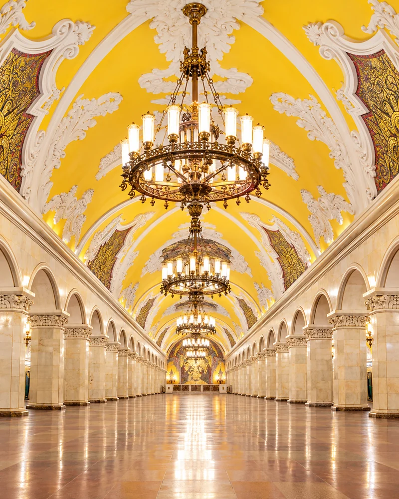 Editorial travel illustration inspired by Moscow Metro architecture