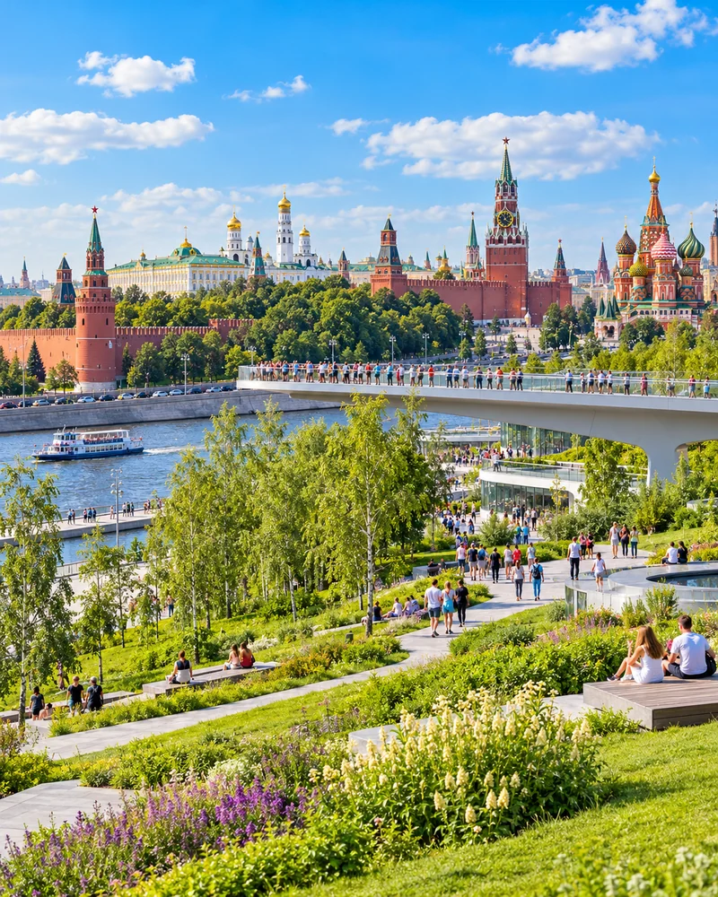 Travel illustration inspired by Zaryadye Park and Moscow river views