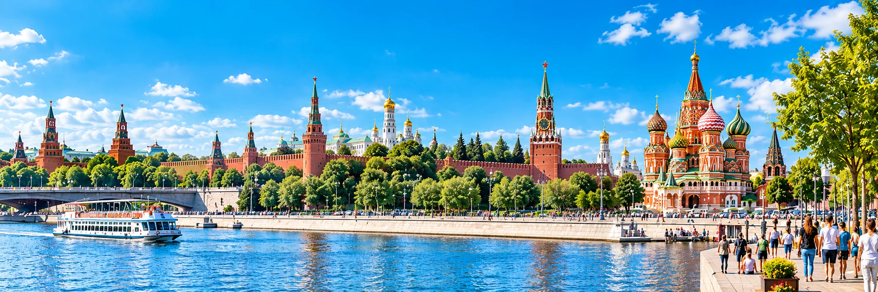 Sunny editorial illustration of Moscow’s riverside and colourful skyline