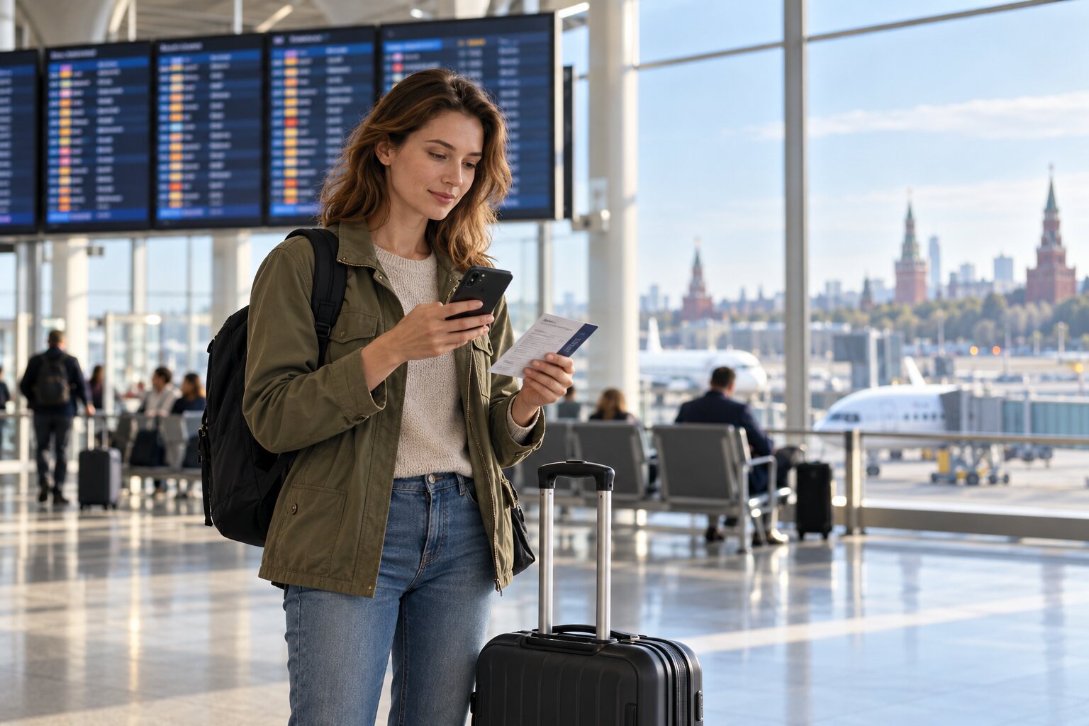 Traveler checking a delayed flight at a Moscow airport