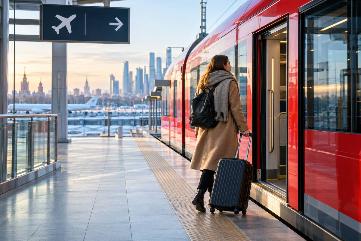Traveller boarding an airport train for a transfer into Moscow