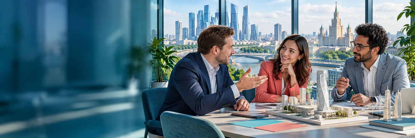 Illustrative AI-created scene of partners comparing business plans and company structures in Moscow