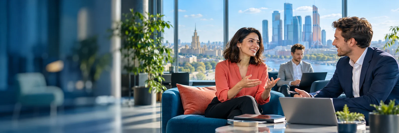 Illustrative AI-created scene of an international professional at a job interview in Moscow